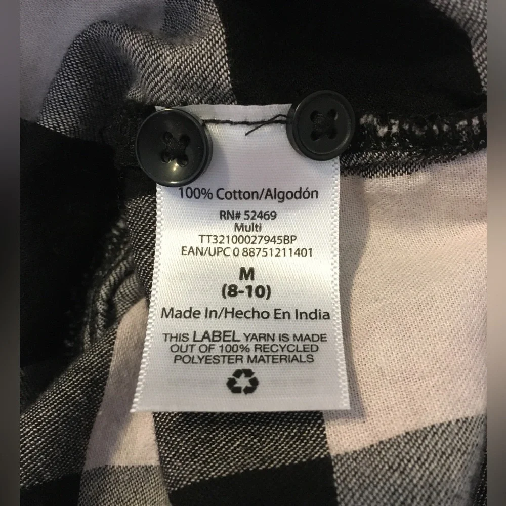 Time & Tru Black & White Checkered Button Up Flannel Shirt, Women's Medium